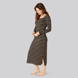 Bambus stribet langærmet kjole i sort/beige til damer